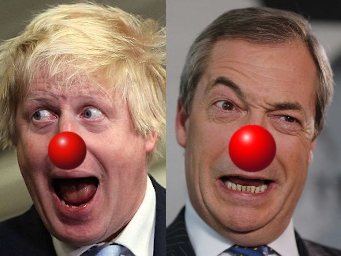 Boris Johnson and Nigel Farage wearing clowns' red noses