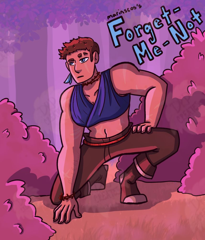 An illustration of a short haired, muscular woman covered in scars crouching on the ground. She is surrounded by foliage.