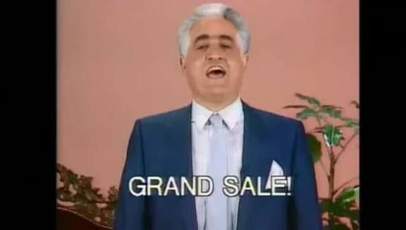 Iconic Melbourne furniture retailer Franco Cozzo announcing his “Grand Sale”.
