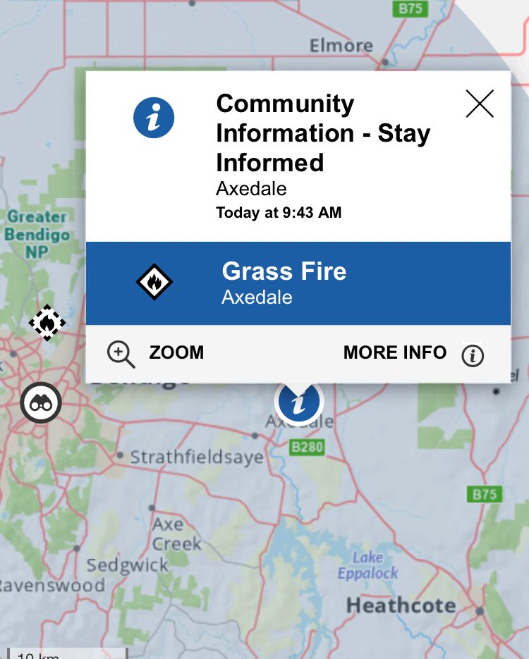 VIC emergency map showing Community Information for a grass fire at Axedale near Bendigo, Victoria, Australia, 9.43am. 