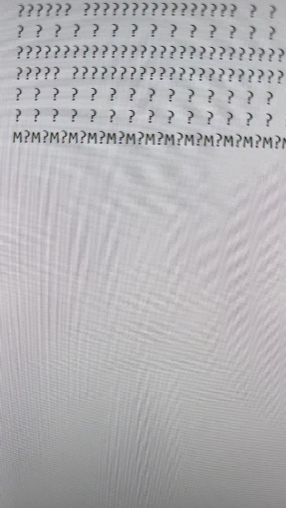 Экран компьютера, на котором видны напечатанные кошкой вопросительные знаки и буквы М. 