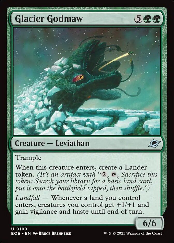 MTG card, glacier godmaw.

It depicts a giant space serpent recreating the iconic "the empire strikes back" scene of a spaceship fleeing a space worm's mouth, this time surrounded by ice.