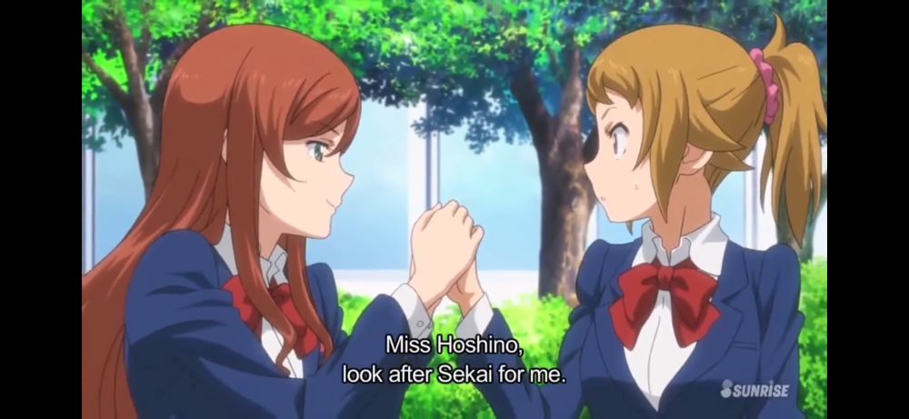 sekai’s sister grasping fumina’s hand with her two hands