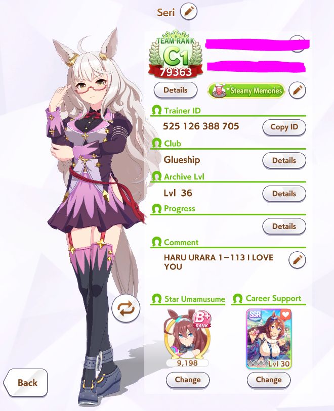 Image of the op's user profile on the mobile game Uma Musume: Pretty Derby