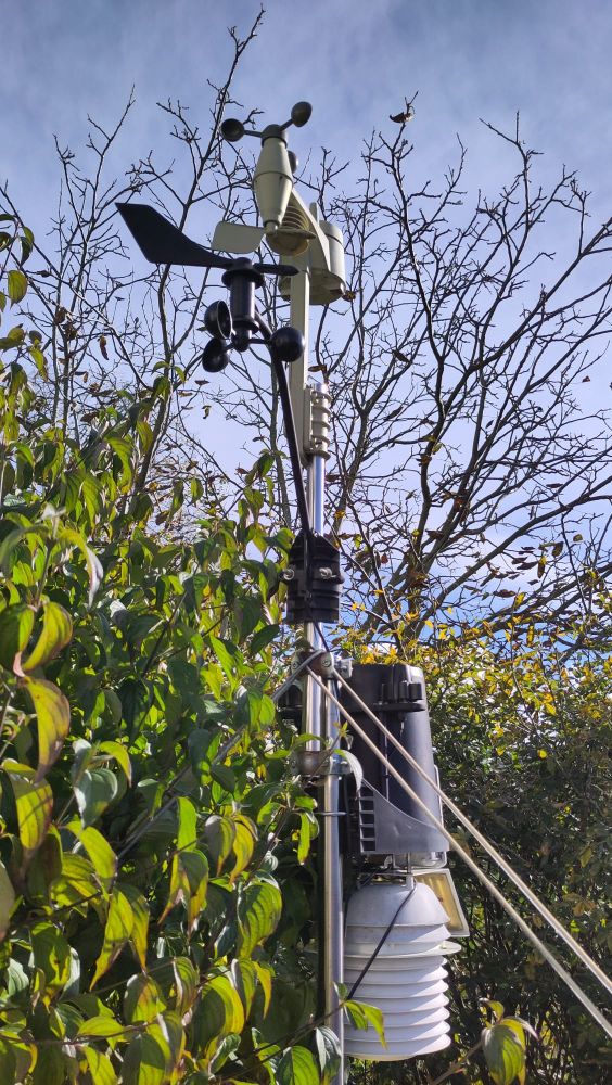 Zwei kombinierte Wetterstationen (eine für Validierung), mir zwei Anemometer sich gerade beim Sturm "Benjamin" heute sehr stark drehen.