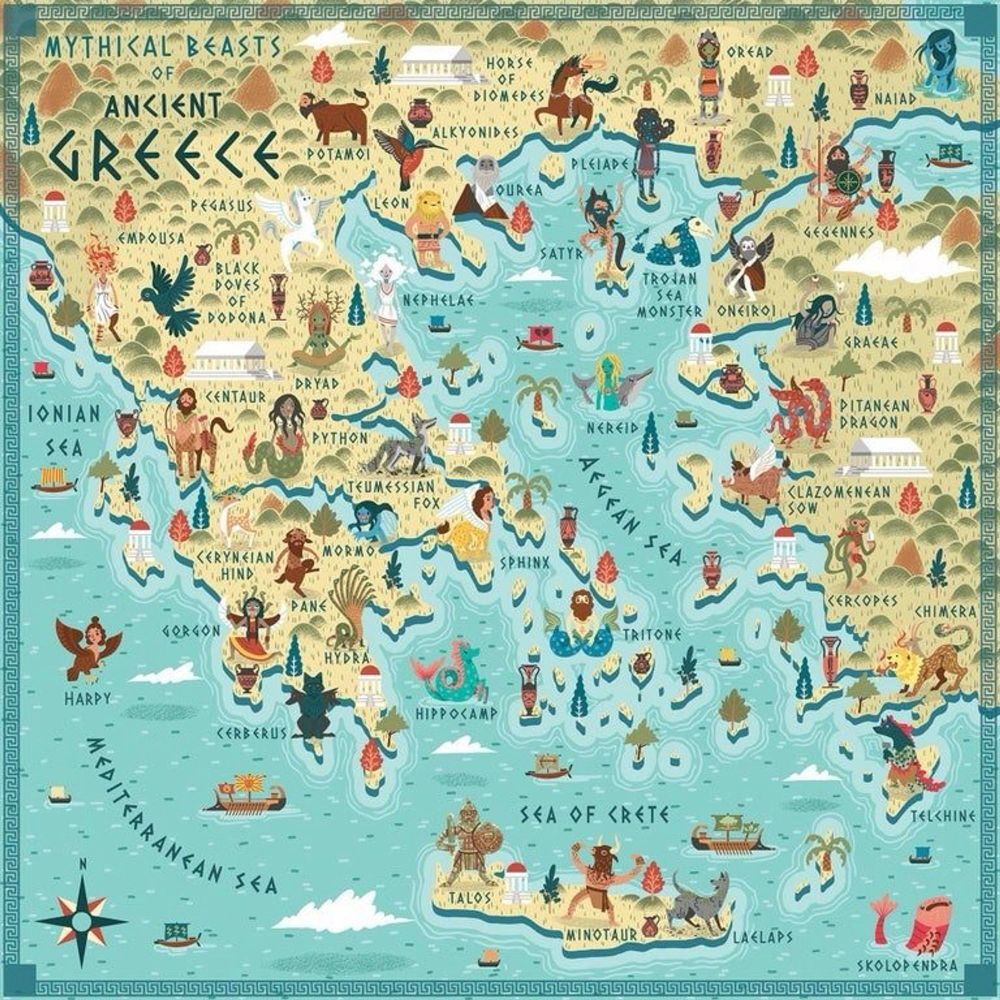 Eine Karte vom antiken Griechenland und über darauf verteilt sind die vielen Mythische Wesen des antiken Griechenlands an den Orten, die Legenden spielen.

A map of ancient Greece with the many mythical creatures of ancient Greece scattered across it in the places where legends unfold.