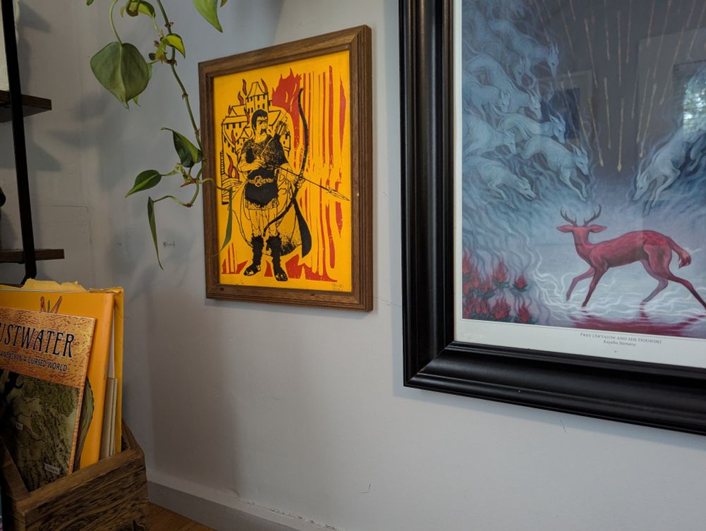 a neon orange paper, collage composition, screen print of Bard the Bowman and the burning of Lake town as represented in the 1977 animated Hobbit