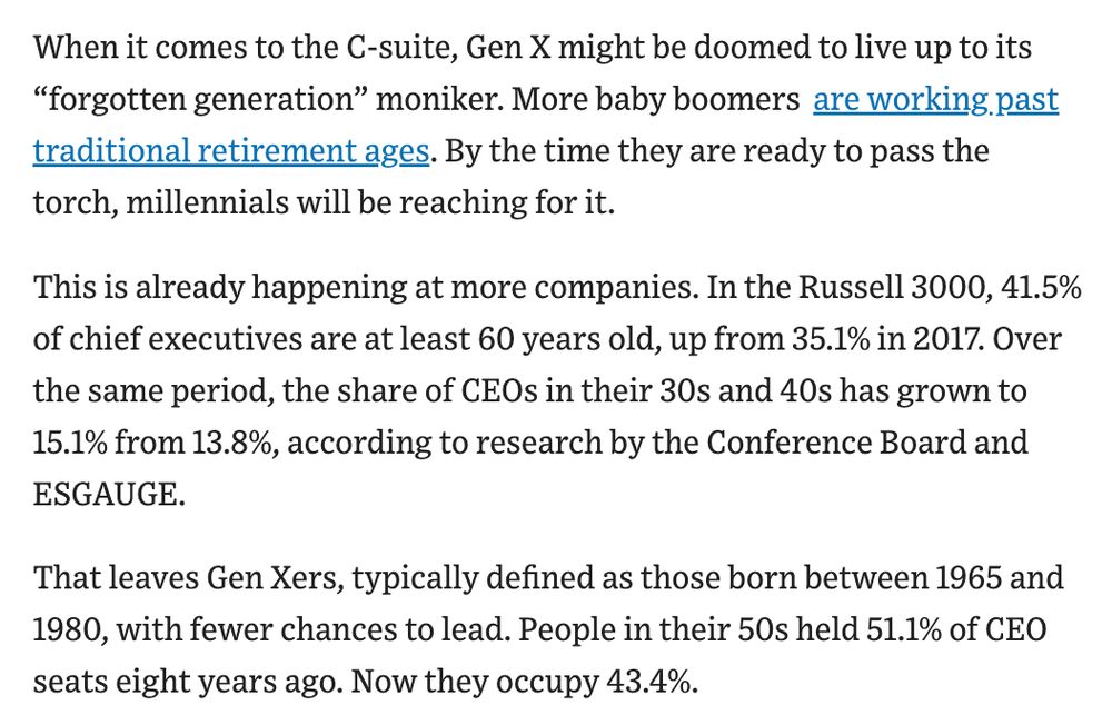 When it comes to the C-suite, Gen X might be doomed to live up to its “forgotten generation” moniker. More baby boomers are working past traditional retirement ages. By the time they are ready to pass the torch, millennials will be reaching for it.
This is already happening at more companies. In the Russell 3000, 41.5% of chief executives are at least 60 years old, up from 35.1% in 2017. Over the same period, the share of CEOs in their 30s and 40s has grown to 15.1% from 13.8%, according to research by the Conference Board and ESGAUGE. 
That leaves Gen Xers, typically defined as those born between 1965 and 1980, with fewer chances to lead. People in their 50s held 51.1% of CEO seats eight years ago. Now they occupy 43.4%.
