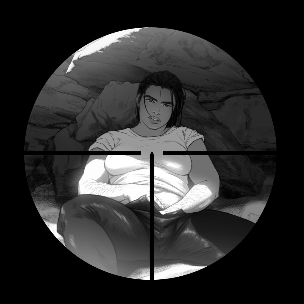 black and white illustration of Jack from Birth of the Sun doing as his name suggests, jacking off, viewed through the scope of Nour's rifle