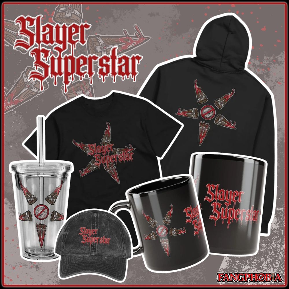 A promotional poster for the Slayer Superstar merch collection. It depicts images of a hoodie, tshirt, cap, mug and acrylic straw cup with a Slayer Superstar logo and a graphic image of 5 bloody vampire stakes aligned in a way to look like a star.