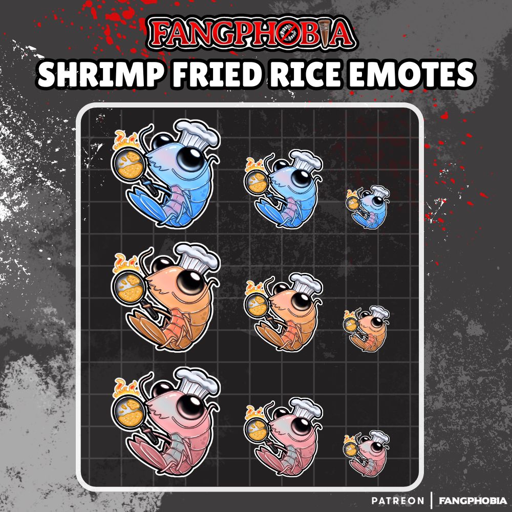 A promo poster for Twitch/Discord emotes made by me depicting 3 sets of colourful cartoon shrimps wearing chef hats while holding pans with fried rice in them.