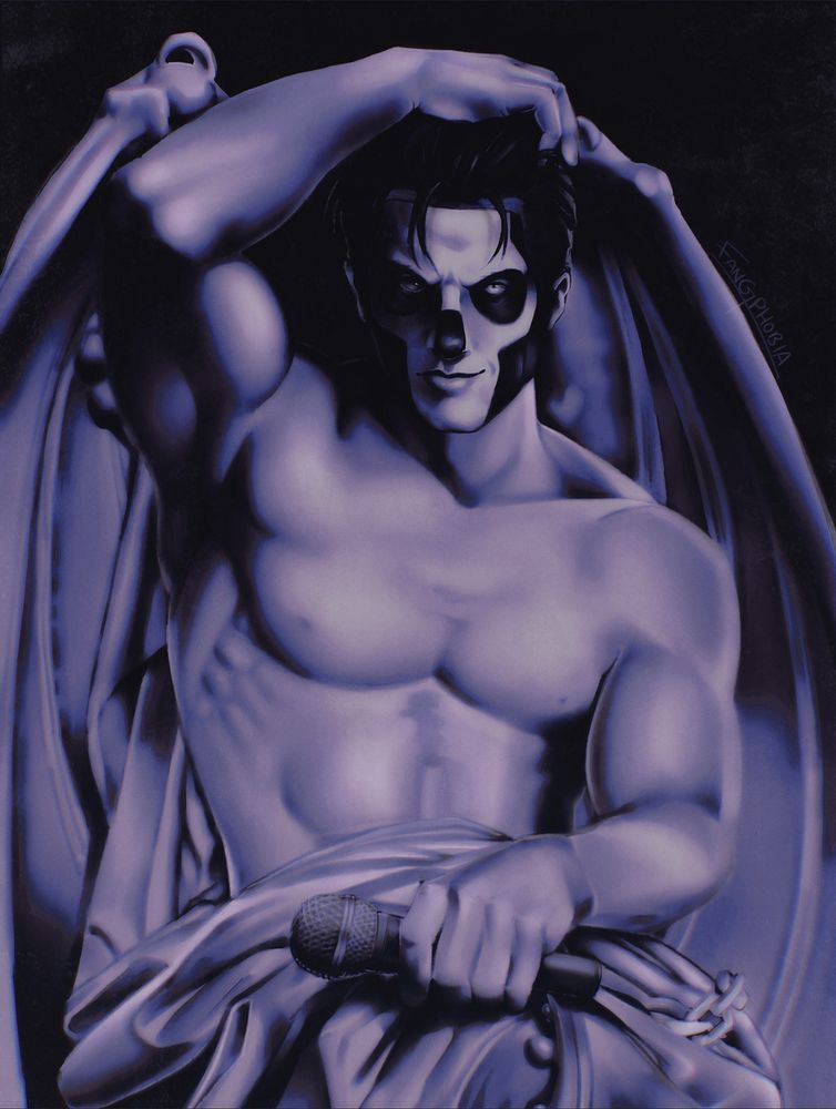 In case top text on post can't be read, it reads: Your Infernal Majesty. 

Image depicts a complete digital drawing of Terzo (Papa Emeritus the third from the band Ghost) as the sexy lucifer statue that was commissioned and then shunned by the Catholic church. The image is in purple monochrome.