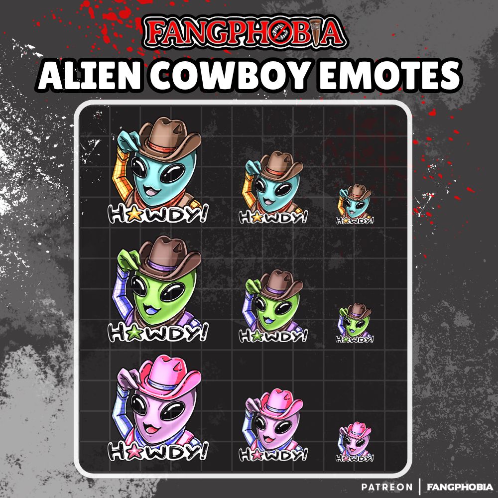 A promo poster for Twitch/Discord emotes made by me depicting 3 sets of colourful cartoon aliens dressed as cowboys with "howdy" beneath them with a star for an "o".