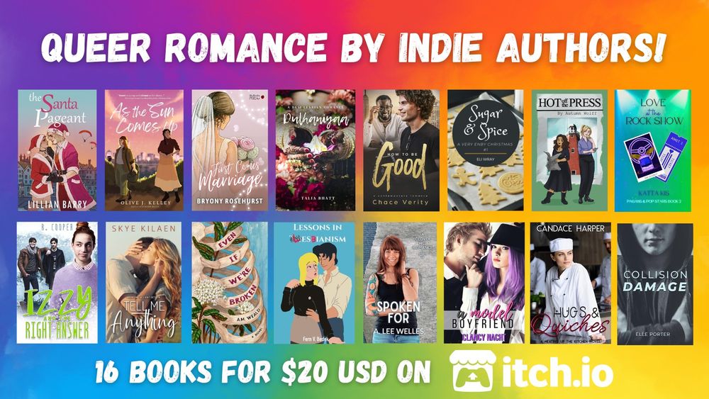 Promo image for the queer romance bundle. A rainbow background showcases 16 book covers all in two rows of 8. 