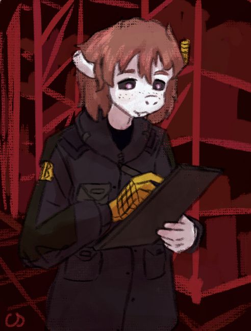 Digital art of a character standing in a warehouse with a tablet. She is dressed in a heavy coat, her skin in white, eyes are black with purple irises. She is holding a pen and doing some work on the tablet. Behind her are tall warehouse storage units, full of boxes. The background is made only out of different shades of red
