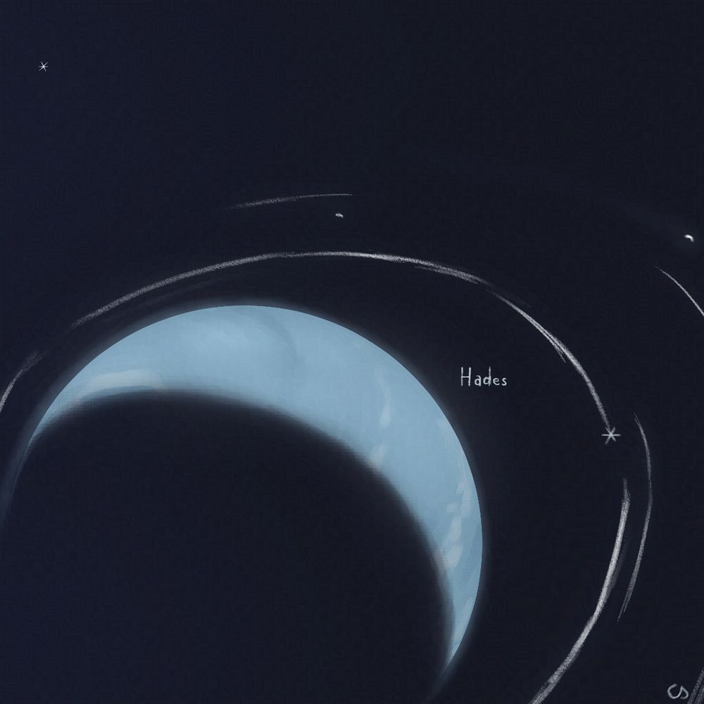 Quick digital drawing of planet from behind with ring system. Planet is sky blue with small patches of brighter and darker tones in stripes and features polar storm in a shape of triangle inside hexagon. Small text near it read "Hades"