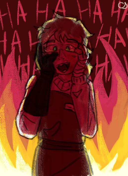 Digital drawing of a character standing in fire and maniacally laughing. They are dressed in a sweater, fire apron and glove, their left side is scarred and covered in bandages. Their eyes are green and pointed directly at a viewer. The only source of light is fire from behind
