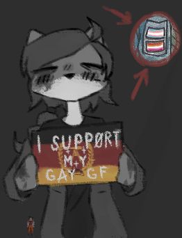 Digital sketch of my sona holding a paper with text reading "I SUPPORT MY GAY GF", there's also crop out of original post's drawing of trans and lesbian flags on an arm with red circle and arrows pointing at it, small half-transparent Goku in left-bottom corner and blush on cheeks is on a shape of a loss

Paper's background is East German-inspired flag with German colours, old telescope in the center with 3 stars and surrounded by ears of grain 