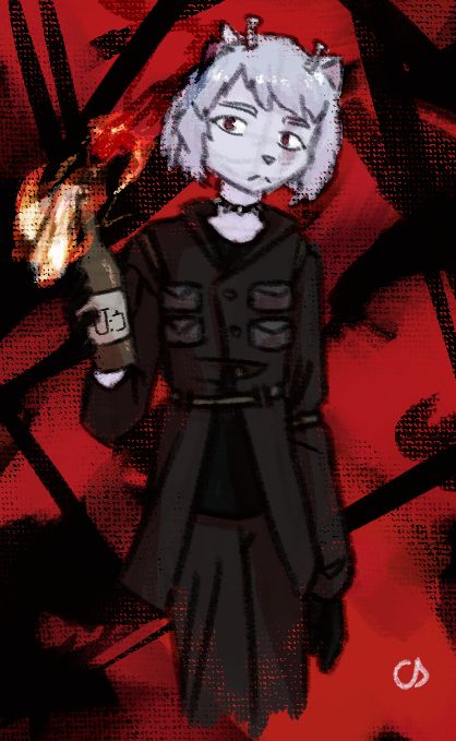 Digital drawing of a character in dark-brown coat holding a Molotov cocktail with purple/pink-ish white skin and hair, red eyes, scar on left eye, small antennae and cat-like ears. Background is abstract black and red mess