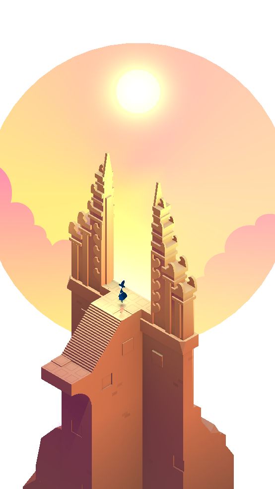 A large temple gate is opened on a sunset sky with a golden sun casting light onto the architecture. A lone character stands in the gate. Set in the isometric art style of monument valley.