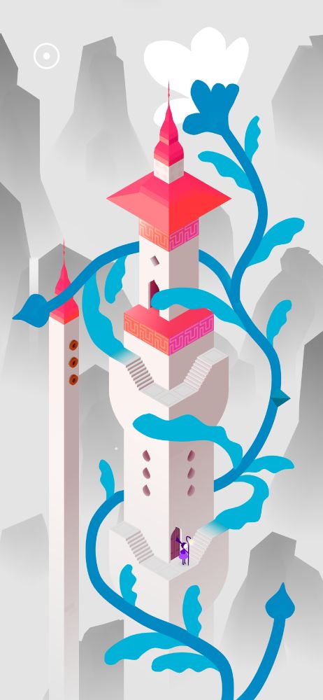 A lone black and white tower with grey hills in the background. The tower has red accents, but also has a beautiful blue plant wrapping around the tower itself that the character is able to walk on to solve the puzzle. Art by Ian Zell