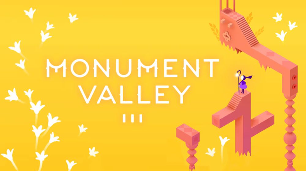 Bright yellow field of wheat with architecture coming out of it with the title Monument Valley 3 enlarged in the middle and a character standing to the side