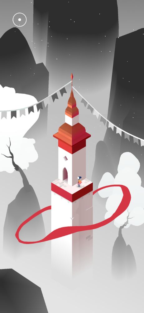 Concept of a lone tower with foggy black and white hills around with white trees. A stark red roof and red accent colors of a ribbon around the tower.