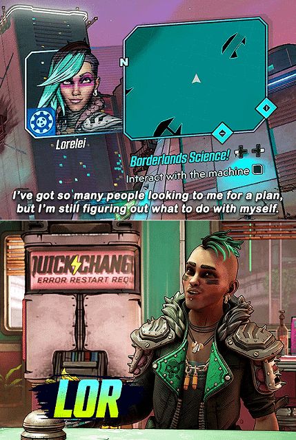 Top image: an Echo log left by Lorelei in Borderlands 3 saying they’ve “got so many people looking to me for a plan, but I’m still figuring out what to do with myself”. Bottom image: Lor as he appears in New Tales from the Borderlands, having transitioned, very ironically standing in front of a Quick Change booth. His hair is much shorter and hangs the opposite way, and the fuchsia stripes on his cheeks are now black. He also has a little facial stubble.