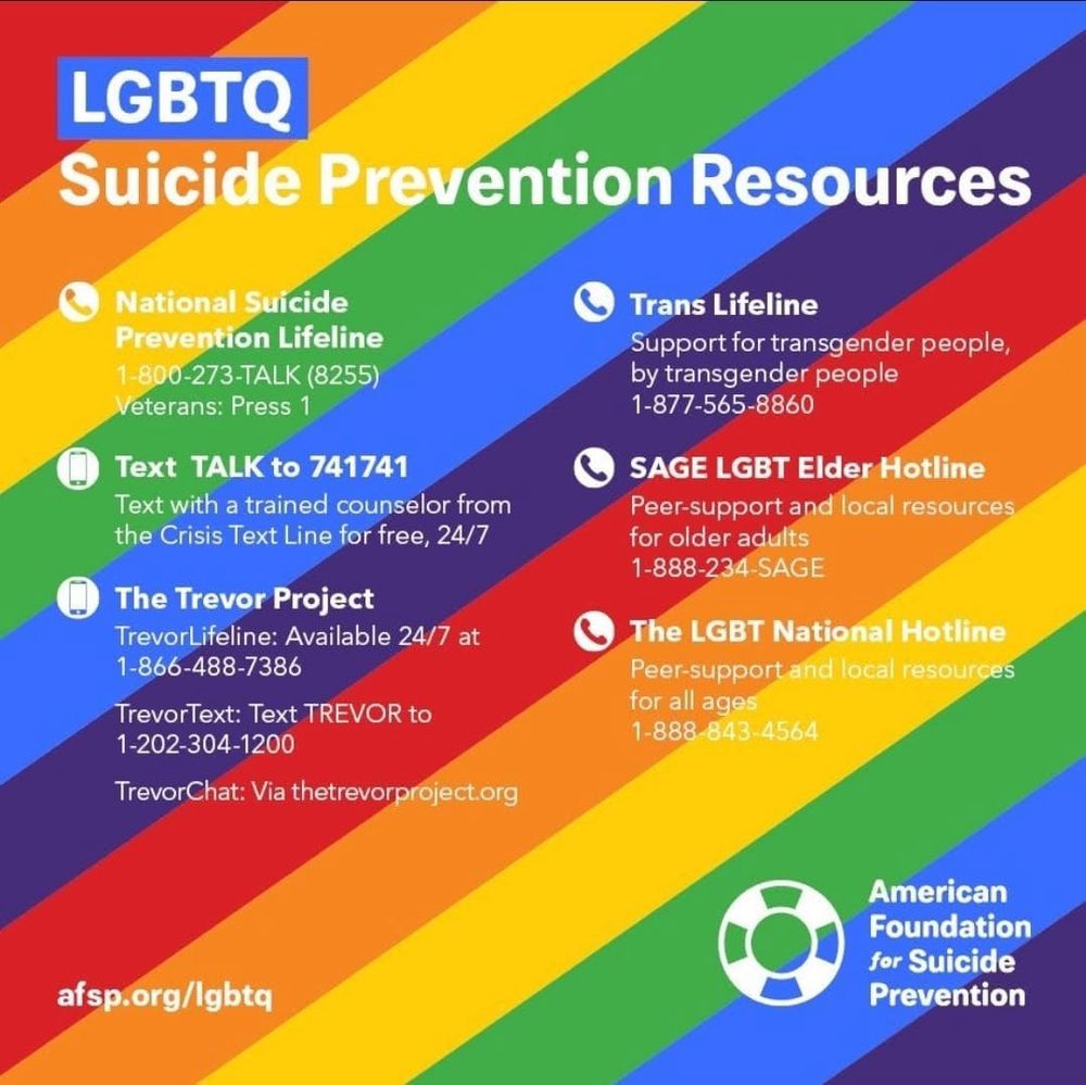 Suicide Prevention talk options for LGBTQ+ folk. National Suicide Prevention Hotline: 1-800-273-Talk. You can text Talk in all caps to 741 741. Trevor is available 24/7 at 1-866-488-7386, or you can text Trevor in all caps to 1-202-304-1200. Trans Lifeline has trans people helping trans people at 1-877-565-8860. SAGE has an Elder Hotline at 1-888-234-Sage. Lastly, the LGBT National Hotline is at 1-888-843-4564. More information at afsp.org/lgbtq 