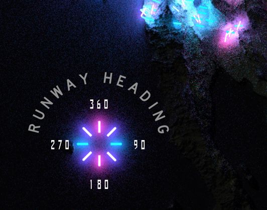 Close-up of color legend. Map of runways in the contiguous United States, represented by glowing lines on a black background. lines are colored by the runway’s orientation. North-South runways are colored pink, East-West are blue.