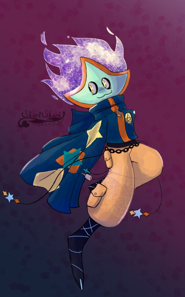 Star OC floating in the air. This variation includes my signature on the left, as well as a background fading from a pink to a dark blue. 