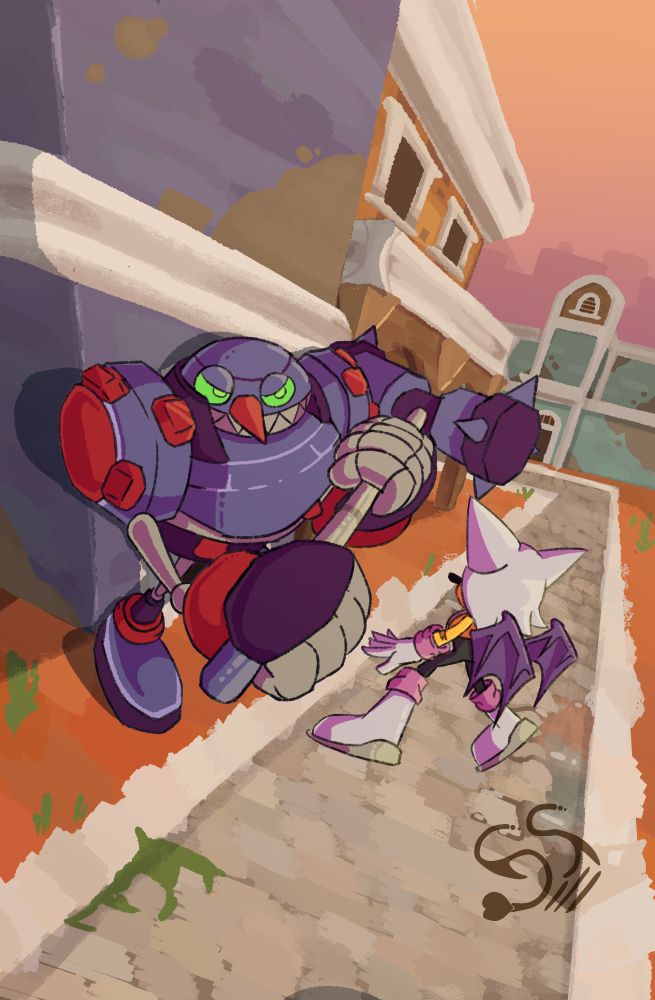 An Egg-Hammer robot holding up its hammer while looking towards Rouge the bat. Rouge is flying in the air. 