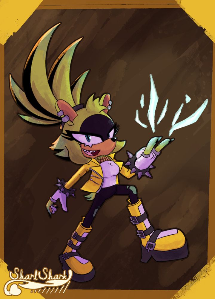 Custom Surge The Tenrec design for DocStarline. She's posed with her hand in a 'rock on' gesture, with energy bolts spewing out from it. 