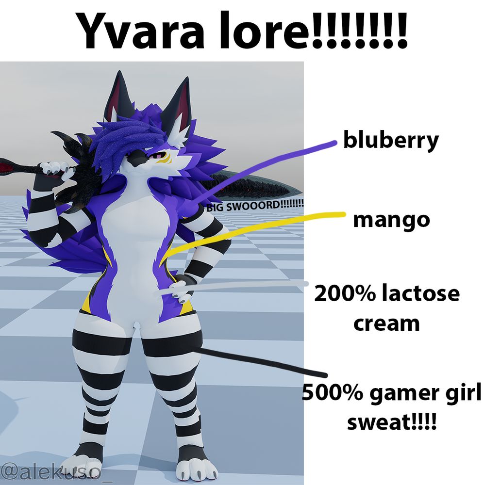 Yvara Lore: She's made of bluberry mango 200% lactose cream and wears 500% infused gamer girl sweat!!!!!!!!!!! aya aya aya!

Sword used: Devil Sword Dante, from the game Devil May Cry 5