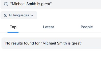 Bluesky search for "Michael Smith is great" with no results