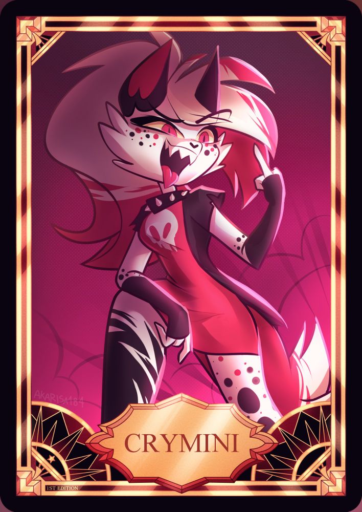 Fanart of a Hazbin Hotel character named Crymini as a fan made trading card. She's a hyena demon, leaning on her leg with her right arm, looking at the light of an off-screen explosion. Her mouth is open with her tongue out, and she’s showing her middle finger with her left hand (card template made by StarStaticDoll on DeviantArt)