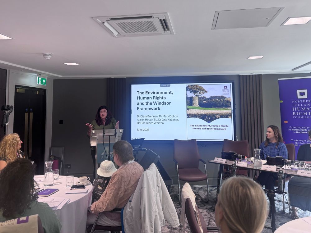 Dr Ciara Brennan presents report research in front a white holding slide while standing at a podium.