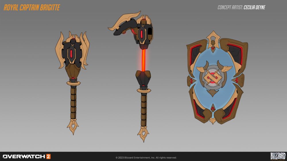 Concept art of Royal Captain Brigitte's flail and shield