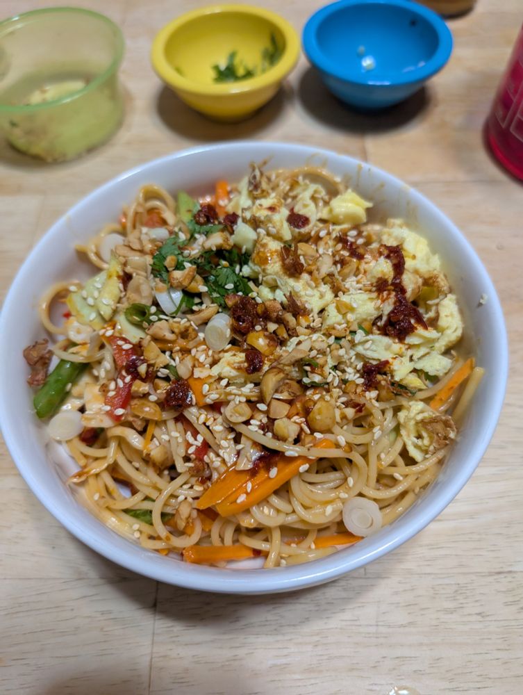 In a white dinner bowl is a mass of noodles with the veggies and other toppings. It is pretty in a "I really want to eat this" way.  Behind the bowl are some of the little colorful bowls the toppings were in there is cilantro in one and some chopped peanuts in another.