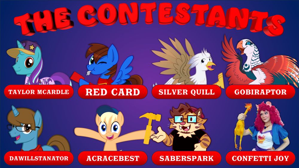 An image displaying the OCs of the eight contestants competing in Trivia Trot. The pictures are atop a blue background. Large red letters at the top read “THE CONTESTANTS”, under which are two rows of four images with name tags. From left to right, top to bottom: Taylor Mcardle, Red Card, Silver Quill, Gobiraptor, Dawillstanator, ACRacebest, Saberspark, and Confetti Joy.