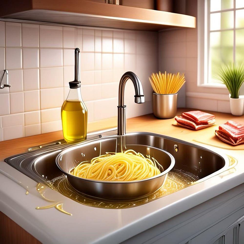 AI generated photo of a clogged kitchen sink. In the sink is backed up water and a bowl of cooked spaghetti. On the counter is a bottle of oil and slabs of bacon. Imaged created using Apple’s Playground app. 