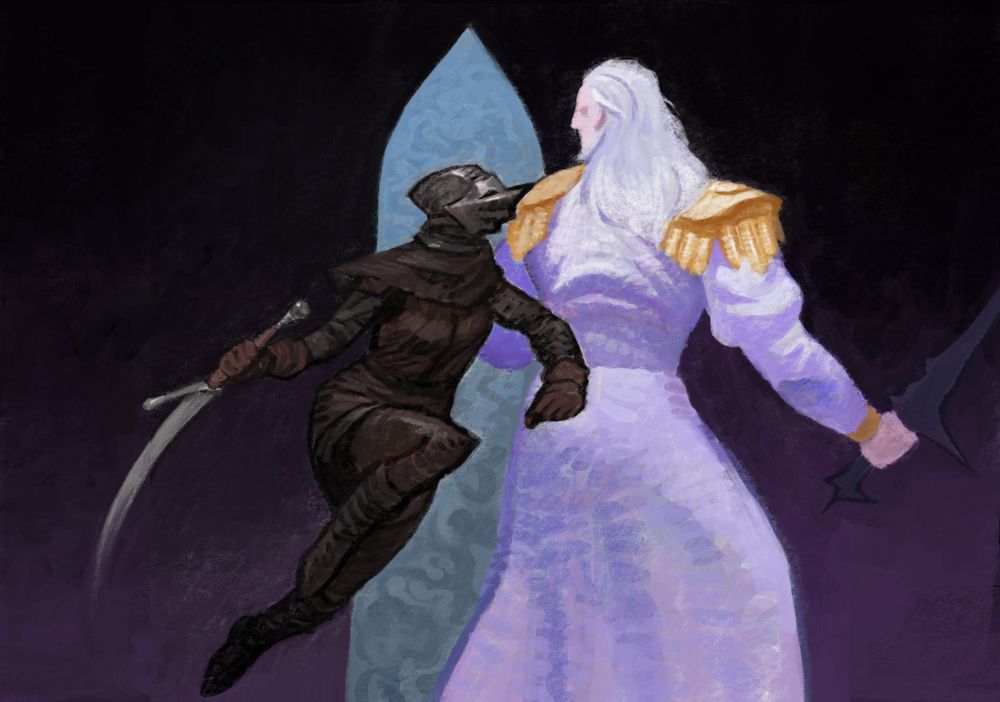 A cool dark knight wearing the COOL fluted helmet leaps to deliver a decisive blow to a giant royal cheater with her sword in front of a fog covered doorway!