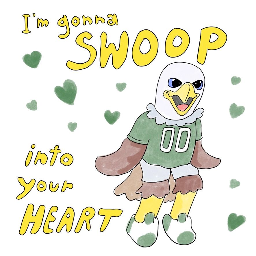 A hand drawn valentine featuring a picture of Swoop the Owl and yellow text that says "I'm gonna swoop into your heart" with a bunch of green hearts everwhere. 