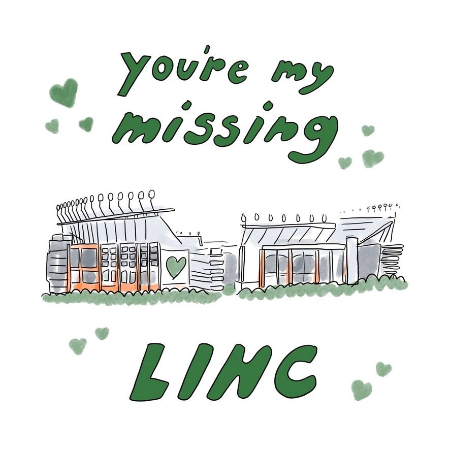 A hand-drawn valentine featuring a drawing of lincoln financial field with green text that says "You're my missing LINC" and also a bunch of green hearts all over it
