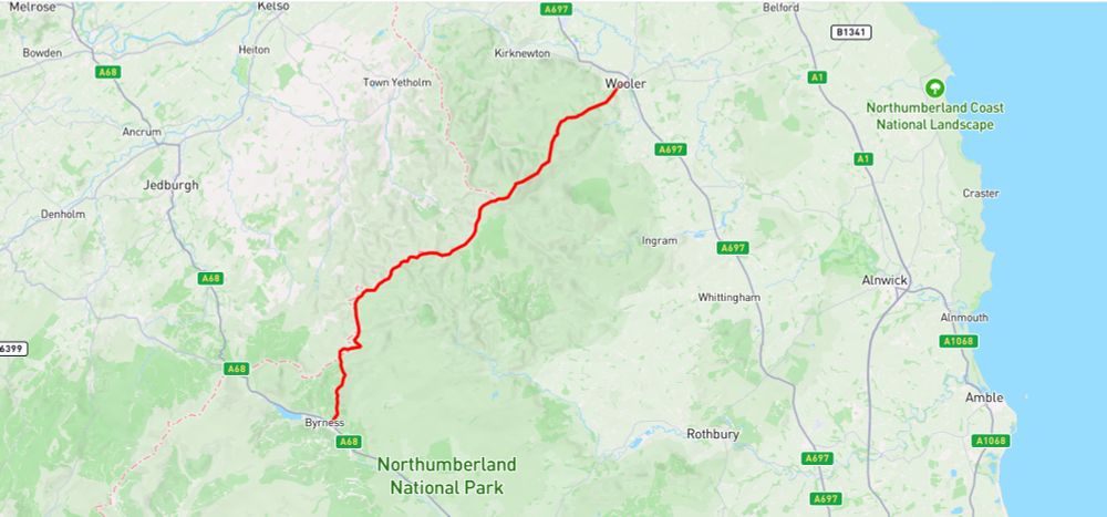 A map of Northumberland with a red line showing my route