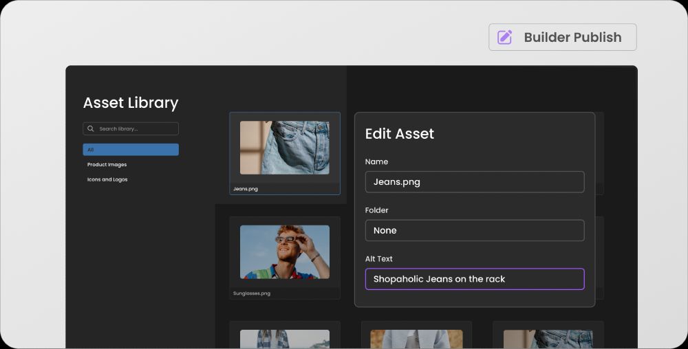 The Builder Asset Library. An image is selected, and the new Alt Text field is highlighted. 