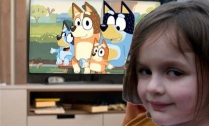 Bluey on TV with the kid from 'girl with building on fire' meme in front.