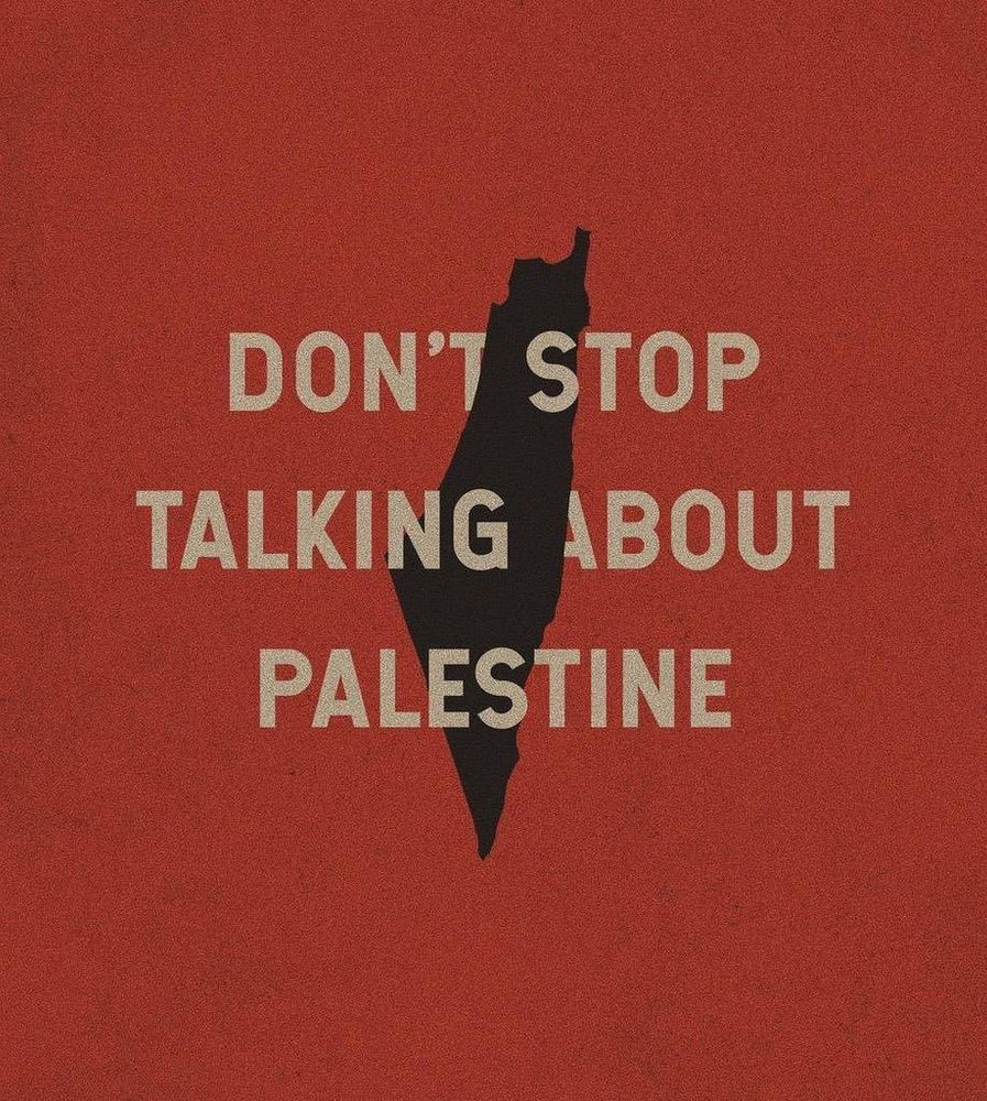 “Don’t stop talking about Palestine” text on a map of Palestine with a red background. 