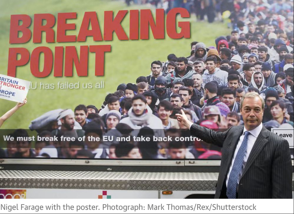 Image of Farage in front of Breaking Point poster, showing migrants flowing over a bridge.