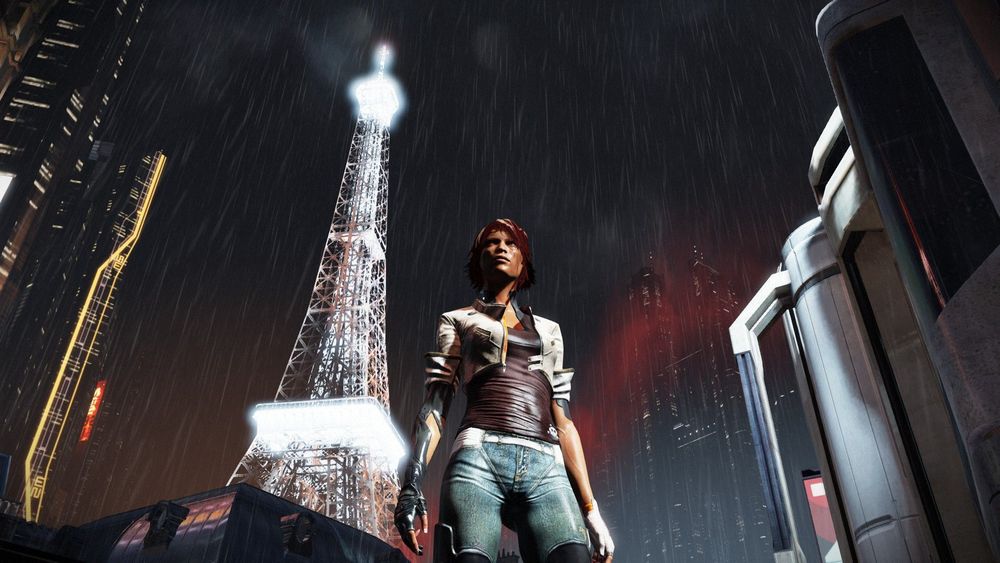 A woman standing in the rain with a very brightly lit Eiffel Tower and futuristic buildings in the background
